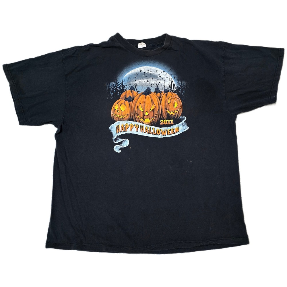 Mens Happy‎ Halloween 2011 Graphic T Shirt Black Pumpkins Bats Moon(D)